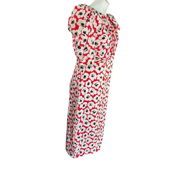 Digna Yero Sakowitz Womens Dress Size 10 Red Blk Wht Puff Sleeves & Draped Yoke - Picture 4 of 16